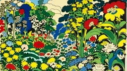 An illustration by Matisse and Kuniyoshi of a landscape of blooming flowers and lush vegetation.