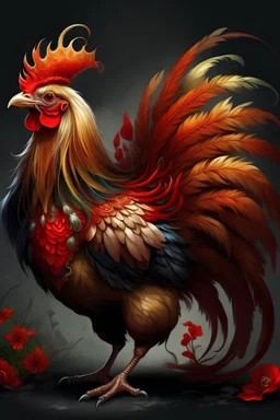 Emblaziken is a majestic, flame-covered rooster with feathers that resemble traditional Chinese imperial robes. Its tail feathers are long and fiery, resembling the elegant tails seen on Chinese dragons. The rooster's comb is shaped like a crown, symbolizing its regal presence.