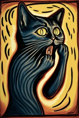 Cat holding her head with her hand like the scream Edvard Munch. Painting style of Edvard Munch