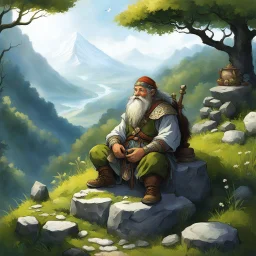 The short dwarf healer, known for his ancient wisdom and mystical abilities, sits cross-legged at the summit of the sacred hill. Before him, on a flat stone, he arranges his medicines: mosses, powders, and leaves gathered from the depths of the forest. These are not just remedies but conduits to the ancient secrets of his people, passed down through generations and held deep within his soul. With a reverence born of centuries-old tradition, the dwarf healer stands fiercely, his war hammer on his