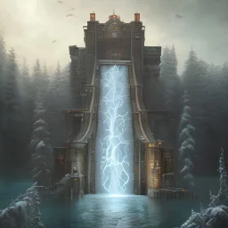 fantasy art, book illustration, upper body of big mad wizard up the stairs of a bridge or dam ,icy water, on the bridge is a wolf, there is also a hawk and everything is seen from the tree tops