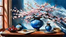 Still life, oil painting, mixed techniques, watercolor, ink, pen, fine lighting, interior painting, dragon vase and cherry blossom, beautiful azure table, realistic objects, colorful turning wall, Japanese fairy tale, shadow game, bright colors, 8k