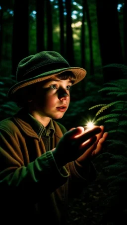 a boy hides a bright star in the darkness of the forest, steven spielberg film, vegetation intertwines to protect him, someone is chasing him, naive and gloomy atmosphere, retro style, vintage, fujifilm, hyperrealism