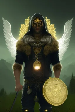 running berserker portrait , no face, black jogging suite , in the night Alps , holding coins , angels background, volumetric gold light, high detail, dark leaf tree, dark mountains in background, perfect