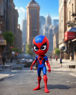 Funny Cute Pixar toon big head small body 3D as Spiderman ,street city background