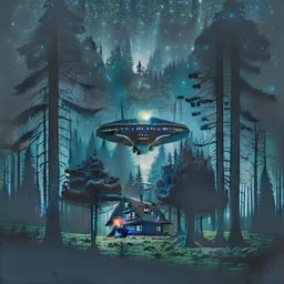 a dark forest with a house in the distance and a ufo in the sky, dark tones