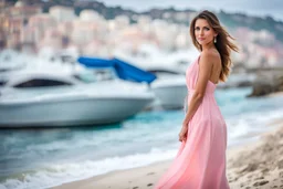 long shot, beautiful Turkish girl with nice blue eyes wearing a pink - blue dress walks in shore toward camera , sharp focus whole wiew,F :36, natural light, vertical composition, relaxed and natural, fresh and comfortable ,in seaside there are luxury beach hotels.