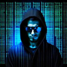 Cyber wizard using glasses with blue matrix backgroud