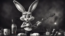 photorealistic deppressed dark melancholic sad Bugs bunny with blackeye deppressed doing music rock and roll dark heavy metal on a scene alcoholic, ciggaretes sad sad sad ciggarets