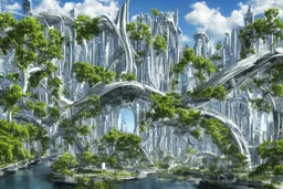 A futuristic alien city, with balconies, verandas, many arches, bridges, spires, paths, trees, dense foliage, Spanish moss, ivy, river, blue sky, white clouds