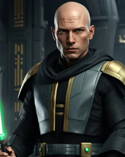 star wars bald male corellian jedi pilot wearing black and gunmetal grey old republic armored robes with gold trim inside the jedi temple holding a lightsaber with viridian green blade in left hand, centered head and shoulders portrait, hyperdetailed, dynamic lighting, hyperdetailed background, 8k resolution, volumetric lighting, light skin, fully symmetric details