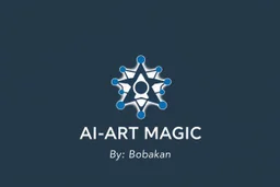 A minimalist and professional logo design for a 3D motion graphics studio. The icon features an abstract, geometric shape formed by flowing nodes and interconnected lines, symbolizing complex particle flow and procedural animation. Sleek, modern, and clean aesthetic. High contrast, vector style, white background, solid vibrant blue and deep charcoal grey color palette. Flat design, scalable, professional typography space underneath.add text "AI ART MAGIC By: Bbabakan" with pretty style.