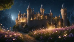 Medieval castle, fantasy, night, flowers, glare, sparkles, clear lines, detail, fine rendering, high resolution, 4K, photorealism, precise focus,