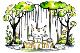 cute chibi cat in a restaurant double exposure waterfall in the forest watercolor and ink