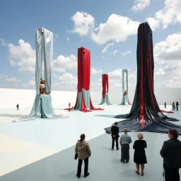 Fotografia di una installazione artistica. Su una superficie piatta di colore azzurro chiaro e giallo pastello, all'interno di una stanza immensa, si ergono alcuni gigantesche strutture di forma indefinita, fatte di materiali vari, ricoperte da materiale plastico argentato, rosso e nero, che scende a terra. Max Ernst, Amano, Yves Tanguy, Piet Mondrian, James Ensor, paranoic, obsessive, eccessivo, aria aperta, sole, nuvole, glossy, surreal, hasselblad h6d400c --ar 85:128 --v 6. Persone osservano.