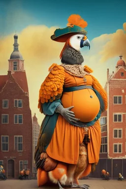 Pregnant Half parrot half human in a old 1700s orange Dutch uniform in front of a Dutch city