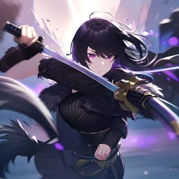 Clear focus,High resolution, Black short fluffy hair, and purple eyes, wearing a black outfit, must wear a short skirt, holding a glowing katana, fighting stance