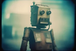 steampunk, vintage analog polaroid of a woman robot, female body, fog, lomography, heavy film grain, night, color bleed, depth of field, bokeh, retro, cyberpunk saggy granny woman, abandoned sci-fi town, future, sci-fi