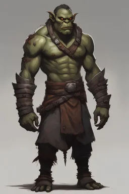 Full body image of a DND style Orc, 6 feet tall with small tusks coming from it's bottom jaw, dark skin, bright amber eyes with small amount of hair who fights with just hands and a scar on his sholder
