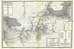 a scan of an ancient North American Cree printed road map of a fictional place that was black and white but has since been stained and weathered, uses Cree Syllabic for text