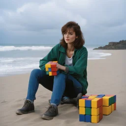 [photo by Kevin Eastman and Peter Laird] focused April O'Neil, 24-years-old solving a Rubik's , sitting leaning against three giant rubik's cubes, the overcast sky and beach in the background, vibrant 1990's movie