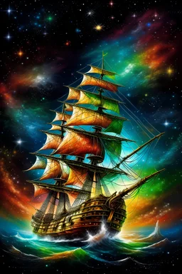 The Flying Dutchman's ship, in brilliant colors, sails in a sea between the stars