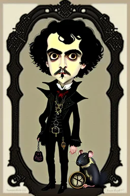 black haired black eyed young man necromancer steampunk goth hobbit that looks like a young Edgar Allan Poe with gothic jewelry and pet black rat in the style of Charles Addams