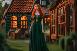 Full body shot of a tall slim pretty, red-headed young female witch, casting magical glowing symbols into the air, dressed in a long flowing green dress, standing in front of a row of cottages and shops with thatched roofs