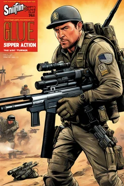 SNIFFIN’ GLUE magazine illustration cover by Pierre Turner : special issue #42 on sniper action and weaponry. guest star: Sergeant JT Sanborn, The Hurt Locker.
