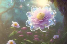 one big crystal subtle flower in a galactic ambiance above a very little beautiful fairy, transparent petals, delicate colors, in the foreground, full of details, smooth, bright sunshine，soft light atmosphere, light effect，vaporwave colorful, concept art, smooth, extremely sharp detail, finely tuned detail, ultra high definition, 8 k, unreal engine 5, ultra sharp focus