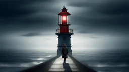Imagen creativa sobre la soledad. Un hombre con cabeza de farol esperando un tren que no llega, en un faro en mitad del océano, en un tiempo detenido. Elemento simbólico: un paraguas olvidado. Atmósfera de recogimiento. Iluminación: luz difusa de día nublado. Paleta de negro profundo con un único punto rojo. Composición: plano medio frontal y simétrico. Acabado: arañazos de negativo antiguo. Técnica y estilo: interior luminoso al estilo de Johannes Vermeer. Fotograma de Super 8.