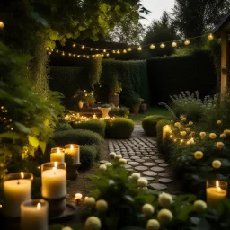 A lush garden adorned with flickering candles and fairy lights, creating a warm and enchanting atmosphere.