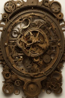 steampunk clock surrounded by cogs and springs, metal insects with wings