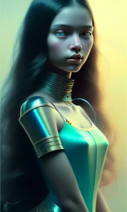 young girl, cute, beautiful, long hair, black hair, light green skin, flat nose, black eyes, turquoise dress, head and shoulders portrait, 8k resolution concept art portrait by Greg Rutkowski, Artgerm, WLOP, Alphonse Mucha dynamic lighting hyperdetailed intricately detailed