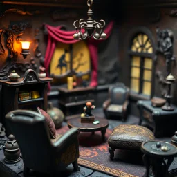 Detailed creepy living-room made of modeling clay, haunted, very accentuated details, Tim Burton, strong texture, extreme detail, Max Ernst, decal, rich moody colors, sparkles, René Magritte, bokeh, odd