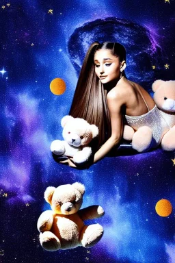 Ariana Grande floating in space with fluffy teddy bears high quality high detail high contrast