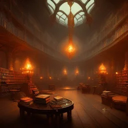 dark fantasy concept art, dynamic lighting, hyperdetailed, intricately detailed, Splash screen art, deep color, Unreal Engine, volumetric lighting, fantasy library artwork, indoors, cozy, leather, wood, library, books,