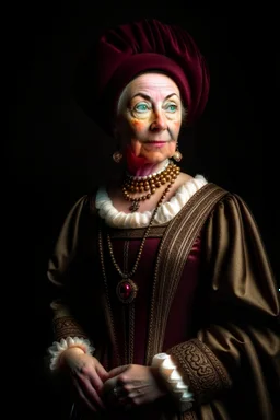 A portrait of a 50-year old british aristocrat woman from XV century in strict expensive clothes, authoritative