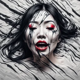 paper portrait of Goth Asian woman, lying pose, face distorted with pain, reverse colors, screaming, tears streaming from eyes, glitchcore, horror, ultra realist texture,