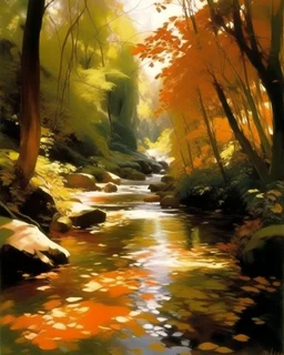 A salmon orange colored rainforest with a creek painted by John Singer Sargent