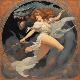 [art by Alphonse Mucha] powerful girl attacking a monster in a dark terrifying horror movie, spread legs, abrasive surface, black eye-liner