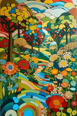 Drawing a landscape surrounded by flowers in the style of the Cubist school