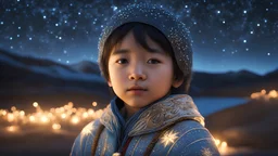 little very young Inuit boy, handsome, peaceful, gentle, confident, calm, wise, happy, facing camera, head and shoulders, traditional Inuit costume, perfect eyes, exquisite composition, night scene, fireflies, stars, Inuit landscape , beautiful intricate insanely detailed octane render, 8k artistic photography, photorealistic concept art, soft natural volumetric cinematic perfect light, chiaroscuro, award-winning photograph, masterpiece, Raphael, Caravaggio, Bouguereau, Alma-Tadema