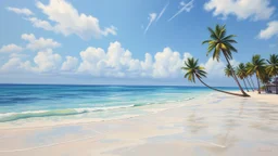 A surrealistic oil painting, depicting a serene beach scene with crystal clear waters and palm trees swaying in the gentle breeze, creating a dreamlike atmosphere.