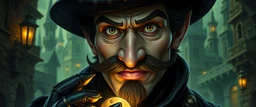 close up portrait of clever crow vintage mustache thief quickling juggler man in then elven magical green city of Forgotten Realms, myth drannor