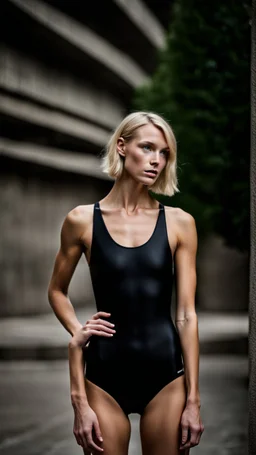 beautiful anorexic woman, total shot, short shiny black triathlon swimsuit, short blond wavy bob hair, blurred concrete background