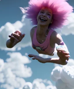 Ultra realistic speed clouds sky scene, wide angle view, sweet childs falling down, inflatable color clothing, free jumping flying, many trinkets, monster hair, hair monster, many jelly beans, balls, smile, happy, circus style, extreme, wind, clouds sea, 20,000 feet altitude, stratosphere, soft color, highly detailed, unreal engine 5, ray tracing, RTX, lumen lighting, ultra detail, volumetric lighting, 3d, finely drawn, high definition, high resolution.