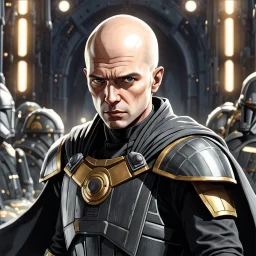 star wars bald male corellian jedi pilot wearing black and gunmetal grey old republic armored robes with gold trim, alone, battle-ready Jedi Master defending a ruined ancient city surrounded by golden light, centered head and shoulders portrait, hyperdetailed, dynamic lighting, hyperdetailed background, 8k resolution, volumetric lighting, light skin, fully symmetric details