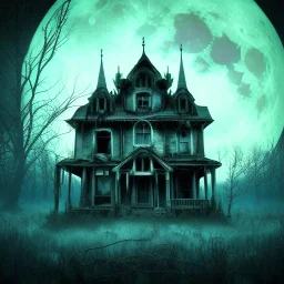 Double exposure of creepy decayed house backlit with giant moon, Bayou swamp at midnight, surreal nightmare art, dark cyan - indigo color scheme, by Chris Von Allsberg, by Kay Nielson, haunted house, creepy, horror, dripping dark atmosphere, wispy opalescent dark sky apparitions