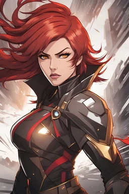 Woman in mid-thirties brown and gold hair, vivid red eyes, wearing futuristic warrior attire, angry, urban background, RWBY animation style